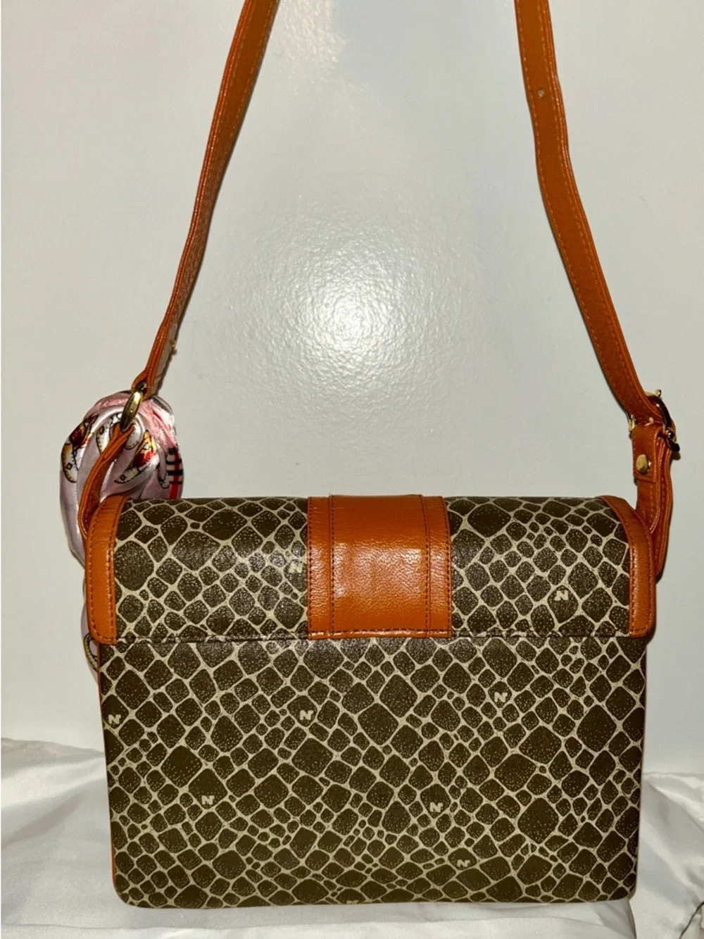 Nina Ricci Brown & Tan Patterned Canvas Satchel with Gold 'N' Logo - Picture 2 of 8